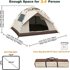 Arabest 3-4 Person Camping Tent, Waterproof Family Tent for Camping, Instant Easy Up Double Layer Anti-UV 2 Windows 2 Doors-Instant Family Tents for Camping Hiking & Traveling