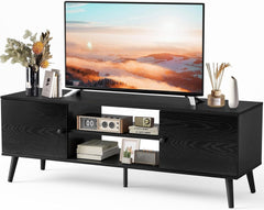 TV Stand for 55 60 inch TV, Modern Mid Century Entertainment Center with Storage, Media Console Table 2 Cabinet, Soft Hinge, Handle Door, Wooden Living Room, Office Furniture, Bedroom(black)