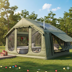 YOLENY Inflatable Tents for Camping, 4/6/8/10/12 Person Blow Up Tent with TPU Skylight, Mesh Windows,Stove Jack & Pump, Easy Setup 4 Season Glamping Tent, Waterproof & Windproof