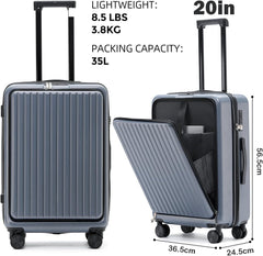 Winsoyya Suitcase Trolley Carry on Hand Cabin Luggage Hard Shell Travel Bag Lightweight, Silent Wheels Carry on Suitcase, with Cup Holder & USB Port, Front Pocket, 20 inch (Blue)