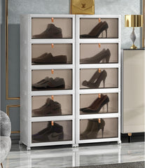 Chulovs Plastic Storage Bins with Lids, Stackable Storage Containers with Wheels, Folding Storage Boxes, Stackable Cabinet Storage Containers for Home Living Room Office Closet (5-Tier)