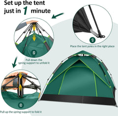 Camping Tents for 3-4 Person Waterproof, Pop Up Instant Family Tent with Windproof Ropes Anti-UV, Ultralight Blackout Lightweight Tent