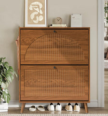 Foyer Narrow Shoe Storage Cabinet with 2 Flip Drawers & Fluted Panel, Freestanding Hidden Organizer for Entryway