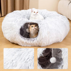 Cat Tunnel Bed,Plush Circle Tunnel with Hanging Balls and Peepholes,Cat Bed Tunnel with Washable Cushion,Multifunctional Toys for Kitten,Cat,Puppy,Rabbit,Ferret