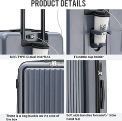 Winsoyya Suitcase Trolley Carry on Hand Cabin Luggage Hard Shell Travel Bag Lightweight, Silent Wheels Carry on Suitcase, with Cup Holder & USB Port, Front Pocket, 20 inch (Blue)