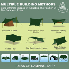 Camping Tarp, 14 X 12FT Tarp with 2 Poles, Waterproof & Lightweight Tent Tarp Car Awning, UV UPF50+ Rain Fly Sun Shelter Can Used with Hammock in Outdoor, Garden and Backpacking