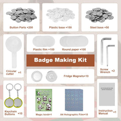 باوشيشان ماكينة صنع الشارات 32 ملم/1.26 انش، الة صنع الازرار المستديرة، مجموعة صنع شارة الدبوس (اجزاء ازرار × 200، مغناطيس الثلاجة ×10، ازرار سلسلة مفاتيح، 10 ازرار، غشاء هولوجرافي ايه 4 × 10)