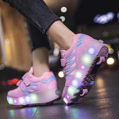 CCOVERY Kid Roller Skates Shoes,Kid Skateboarding Shoes,LED Light Up Shoes,USB Rechargealbe Shoes,Outdoor Slip Skates Shoes,Sneakers for Beginners Gift