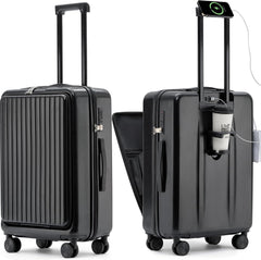 Winsoyya Suitcase Trolley Carry on Hand Cabin Luggage Hard Shell Travel Bag Lightweight, Silent Wheels Carry on Suitcase, with Cup Holder & USB Port, Front Pocket, 20 inch (Blue)