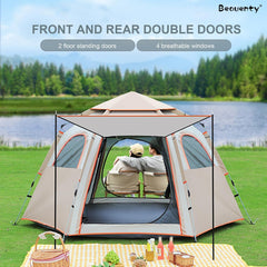 Beauenty Hexagonal Automatic Pop Up Tent with 2 Doors and 4 Windows, Waterproof Sunshade Portable Instant Dome Tent, Large Outdoor Camping Beach Picnic Fishing Tents for 5-8 People (Beige)