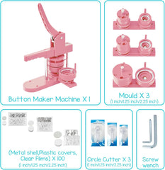 جانججند الة صنع الازرار باحجام متعددة، 1 انش + 1.25 انش + 2.25 انش، الة صنع شارات زر كبس مع اجزاء ازرار وملحقات قاطع دائرية، لون زهري