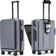 Winsoyya Suitcase Trolley Carry on Hand Cabin Luggage Hard Shell Travel Bag Lightweight, Silent Wheels Carry on Suitcase, with Cup Holder & USB Port, Front Pocket, 20 inch (Blue)