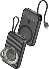 باور بانك مغناطيسي 10000 مللي امبير في الساعة - شحن سريع 22.5 واط + مدخل/مخرج بي دي 20 واط، شحن لاسلكي 15 واط، كيبل مدمج، حامل حلقي، ضمان لمدة 24 شهر من بنسي