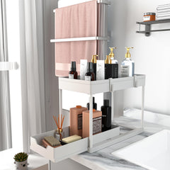Under Sink Shelf Organizer, 2-Tier White Pull Out Cabinet Storage Shelf