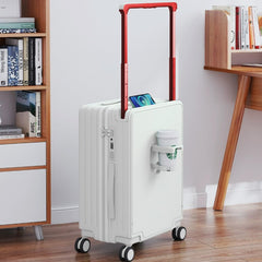 Winsoyya Suitcase Trolley Carry on Hand Cabin Luggage Hard Shell Travel Bag Lightweight, Wide Handle Cup Holder Silent Wheels USB Port Charging 20 Inch Cabin Bag (White)