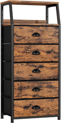 Black Chest of Drawers with 5 Drawers, Vertical Storage Tower Fabric Chest for Bedroom, Hallway, Entryway, Nursery, Closet Organizer, Nightstand Bedside Furniture, Durable Steel Frame, Wooden Top