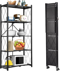 5 Tier Thickened Foldable Storage Rack with Wheels (Black, 5-Tier)