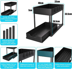 Under sliding cabinet basket organizer, 2 tier storage under cabinet bathroom under sink organizers and storage black under sink storage, multi purpose storage shelf for kitchen, bathroom, office