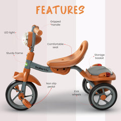 بايبي دراجة ثلاثية العجلات للاطفال من فلاير قابلة للطي مع ضربة خلفية وضوء راس للاطفال من عمر 2-5 سنوات للاولاد والبنات (برتقالي)