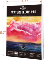 Stationery Island Watercolour Paper A4 300 g, 30 Sheets Watercolour Pad A4, Watercolour Paper for Watercolours, Watercolour Sketchbook, Watercolour Paper for Students, Beginners, Sketchbook