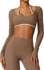 قميص قصير للتمرين للنساء بأكمام طويلة وحمالة صدر رياضية منخفضة التأثير ومتوسطة التأثير مع حمالة صدر مدمجة