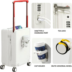 Winsoyya Suitcase Trolley Carry on Hand Cabin Luggage Hard Shell Travel Bag Lightweight, Wide Handle Cup Holder Silent Wheels USB Port Charging 20 Inch Cabin Bag (White)