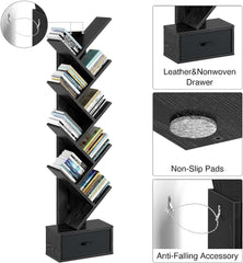 Tree Bookshelf with Drawer, 9 Shelf Rustic, Retro Wood Storage Rack for CDs/Movies/Books, Ladder Shelf, Utility Organizer Shelves for Living Room, Bedroom, Home Office (black)