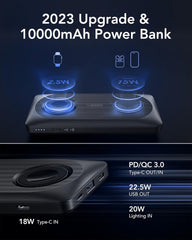 فيجير شاحن لاسلكي مغناطيسي، باور بانك 10000mAh، شاحن محمول لاسلكي سريع الشحن 22.5 واط، شاحن ماج سيف لايفون 14/13، ايربودز، ابل ووتش الترا 8/7/6/5/4/3