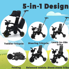 ماسرو دراجة ثلاثية العجلات للاطفال، هدايا عيد ميلاد وألعاب للاولاد والبنات من سن 1-3 سنوات، دراجة ثلاثية العجلات مع مقبض دفع ومسند ظهر وحزام امان، دراجة توازن 5 في 1 صغيرة الحجم وقابلة للطي، مناسبة