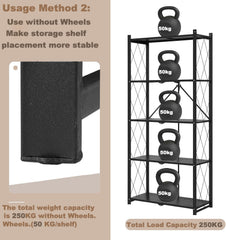 5 Tier Thickened Foldable Storage Rack with Wheels (Black, 5-Tier)