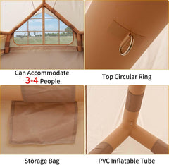 Inflatable 4 Person Waterproof House Family Tent Easy to Set Up Glamping Tent with Storage Bag and Air Pump Camping Tent