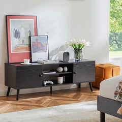 TV Stand for 55 60 inch TV, Modern Mid Century Entertainment Center with Storage, Media Console Table 2 Cabinet, Soft Hinge, Handle Door, Wooden Living Room, Office Furniture, Bedroom(black)