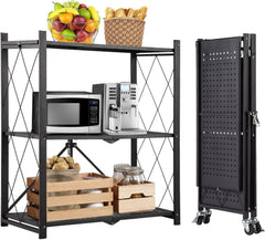 5 Tier Thickened Foldable Storage Rack with Wheels (Black, 5-Tier)