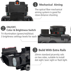 UUQ Prism 4x32 Red/Green/Blue Triple Illuminated Rapid Range Reticle Rifle Scope W/Top Fiber Optic Sight and Weaver Slots