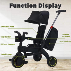 ماسرو دراجة ثلاثية العجلات للاطفال، هدايا عيد ميلاد وألعاب للاولاد والبنات من سن 1-3 سنوات، دراجة ثلاثية العجلات مع مقبض دفع ومسند ظهر وحزام امان، دراجة توازن 5 في 1 صغيرة الحجم وقابلة للطي، مناسبة