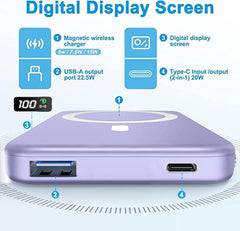 باور بانك لاسلكي مغناطيسي 5000 مللي امبير في الساعة 20 واط، شاحن محمول ومدخل USB نوع C وشاشة LED لسلسلة ايفون 15/14/13/12 | باور بانك سريع الشحن للجوال (ارجواني)