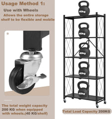 5 Tier Thickened Foldable Storage Rack with Wheels (Black, 5-Tier)