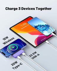 باور بانك لاسلكي مغناطيسي 5000 مللي امبير في الساعة 20 واط، شاحن محمول ومدخل USB نوع C وشاشة LED لسلسلة ايفون 15/14/13/12 | باور بانك سريع الشحن للجوال (ارجواني)