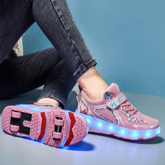 Mylindde Kids Roller Skates Shoes, 4 Wheels Roller Shoes, Roller Skates Sneaker, Sneakers with Wheels Become Sport, for Children Gift