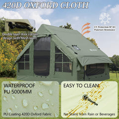 Inflatable Tent for Camping with Hand Pump Blow Up Tent Glamping 4 Season Air, Easy Setup Waterproof Outdoor Oxford Army Green 4-6 Person House Breathable Large Luxury