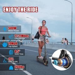 Electric Scooter for Adults, 500W Motor, Max 17-20 Mph Speed, 19 Miles Long Range, 8.5 Inch Solid Tires, Portable Folding E-Scooter for Commuting with Dual Brakes, APP Control & Front & Rear Lights