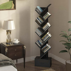 Tree Bookshelf with Drawer, 9 Shelf Rustic, Retro Wood Storage Rack for CDs/Movies/Books, Ladder Shelf, Utility Organizer Shelves for Living Room, Bedroom, Home Office (black)