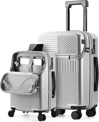 TERE 20" Carry On Luggage Travel Trolley Bag Suitcase with Front Open Laptop Compartment, USB Port Charging, Cup Holder, Silent Wheels, Hook (Black)