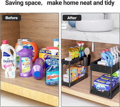 Under sliding cabinet basket organizer, 2 tier storage under cabinet bathroom under sink organizers and storage black under sink storage, multi purpose storage shelf for kitchen, bathroom, office