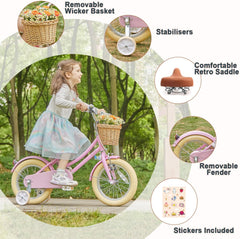 جليرك دراجة كروزر رترو للاطفال من ليتل مولي مقاس 12-20 انش لعمر 2-13 سنة مع سلة من الخوص وعجلات تدريب ومسند بالوان متعددة