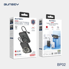 باور بانك مغناطيسي 10000 مللي امبير في الساعة - شحن سريع 22.5 واط + مدخل/مخرج بي دي 20 واط، شحن لاسلكي 15 واط، كيبل مدمج، حامل حلقي، ضمان لمدة 24 شهر من بنسي