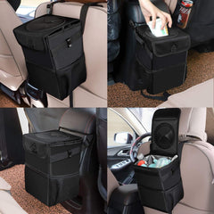 tbp Car Trash Can with Lid, Car Trash Bag Automotive Garbage Can, Vehicle Trash Bin Container for Car with Storage Pockets