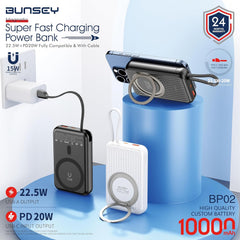 باور بانك مغناطيسي 10000 مللي امبير في الساعة - شحن سريع 22.5 واط + مدخل/مخرج بي دي 20 واط، شحن لاسلكي 15 واط، كيبل مدمج، حامل حلقي، ضمان لمدة 24 شهر من بنسي