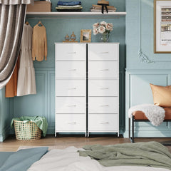 Fabric Storage Dresser, 5-Drawer Vertical Dresser for Bedroom, Storage Organizer with Fabric Bins, Wooden Top, Durable Steel Frame, Drawer Chest for Closets & Hallways