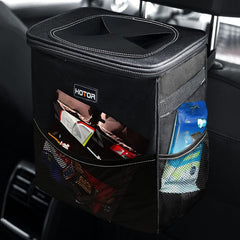 HOTOR Car Trash Can with Lid and Storage Pockets, 100% Leak-Proof Car Organizer, Waterproof Car Garbage Can, Multipurpose Trash Bin for Car - Black